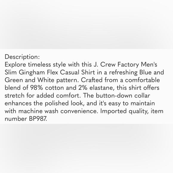 J. Crew Factory mens Slim gingham flex casual shirt, Size M Item BP987 - Picture 2 of 3